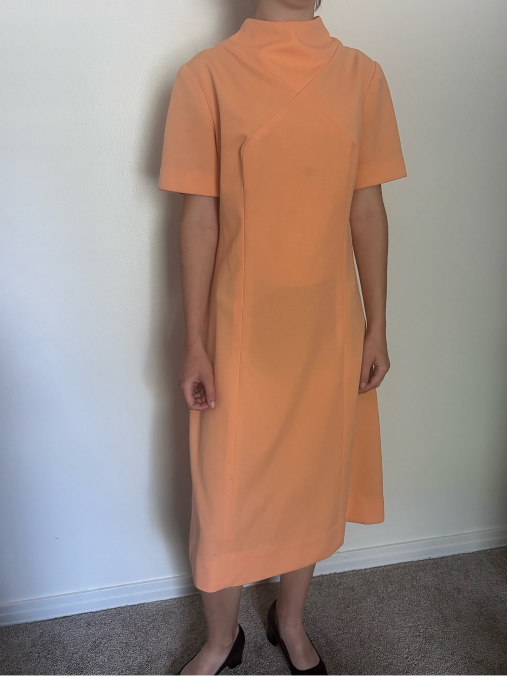 Classic High-Neck Short Sleeve Dress in Peach